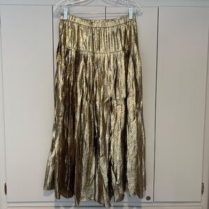 Vintage LORCH Metallic Gold Elastic Waist Long Pleated Midi Maxi Skirt M